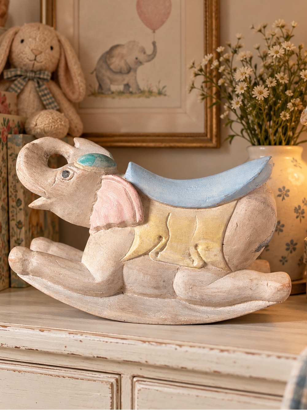 Hand Carved Vintage Rocking Elephant Nursery Pastel Kids Room Decor Thailand